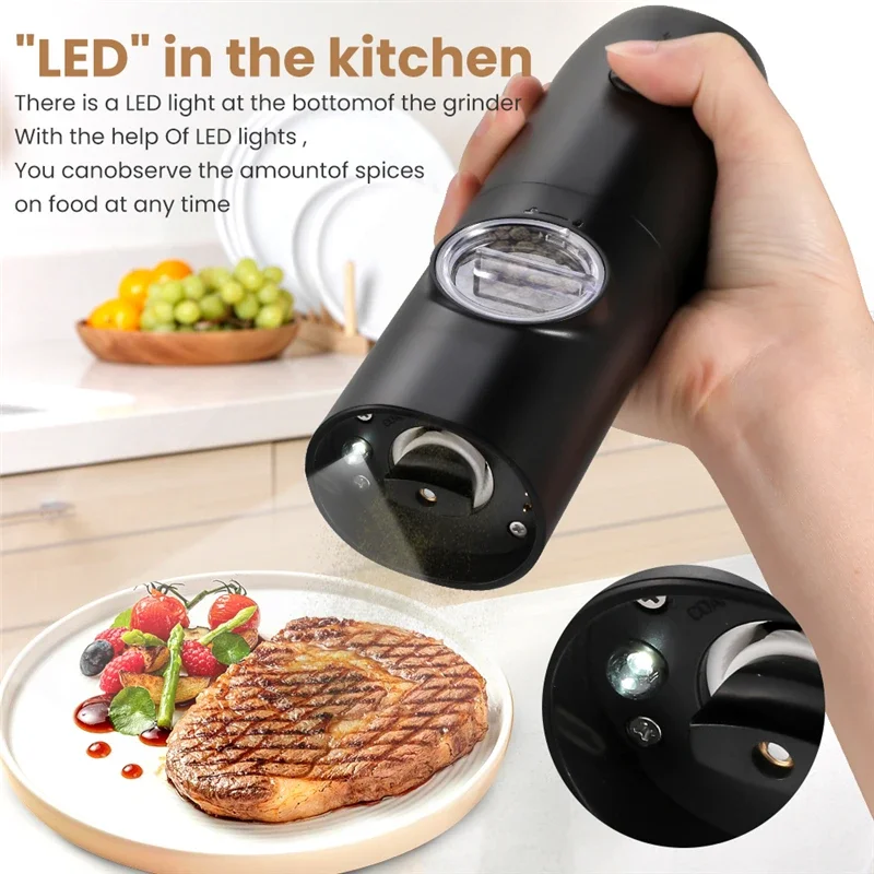 Salt and Pepper Grinder Rechargeable Set USB Charging Base Adjustable Automatic Electric Spices LED One Hand Mill Kitchen Tools