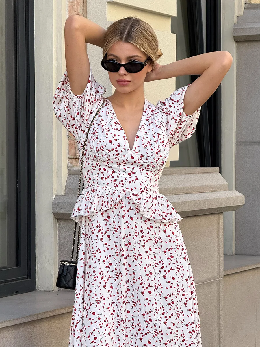 Bornladies New Summer FashionFloral Print Dress Women V Neck Puff Sleeve Waist Tie Maxi Dress Vacation Long Dress