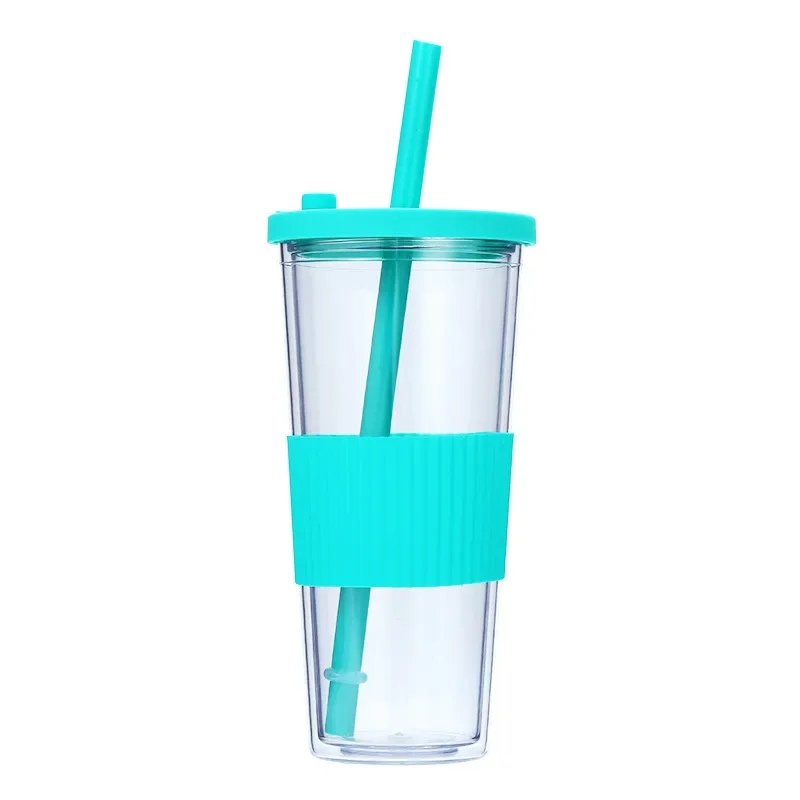 Vaso de plástico para batidos, 24 oz, con pajita y tapa de silicona, reutilizable, de doble pared, para café helado