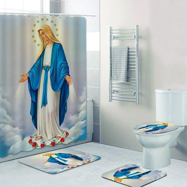 God Jesus Christian Art Shower Curtain Set Bath Mat Non-Slip Toilet Lid  Cover