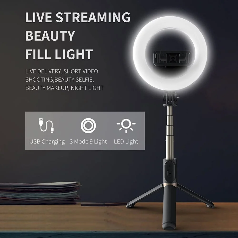 LISCN Wireless Remote Selfie Stick with Tripod Stand Phone Holder Portable Unplugged Dimmable LED Ring Light for Live Stream