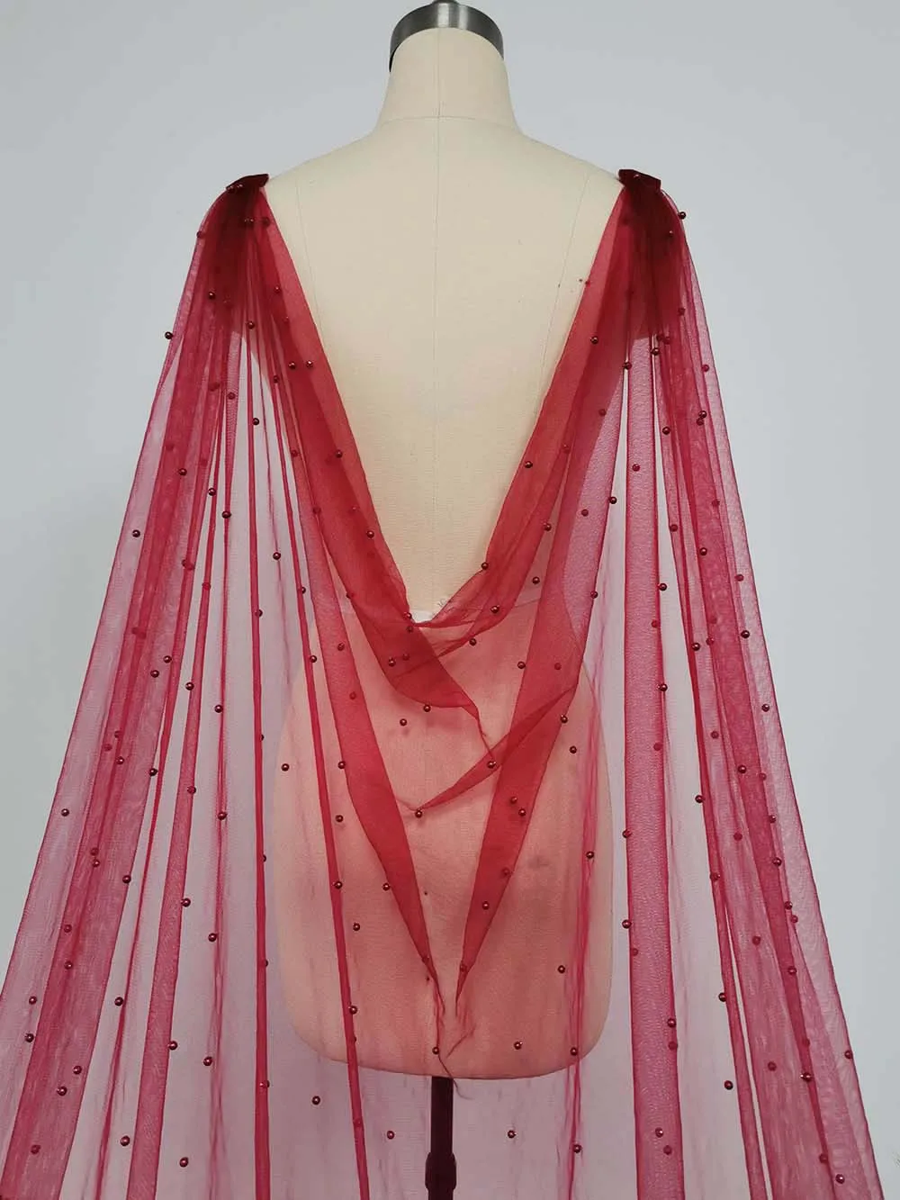 Burgundy Pearls Wedding Cape with Pins 3 Meters Long Bridal Bolero with Pearls Shoulder Veil Wedding Accessories