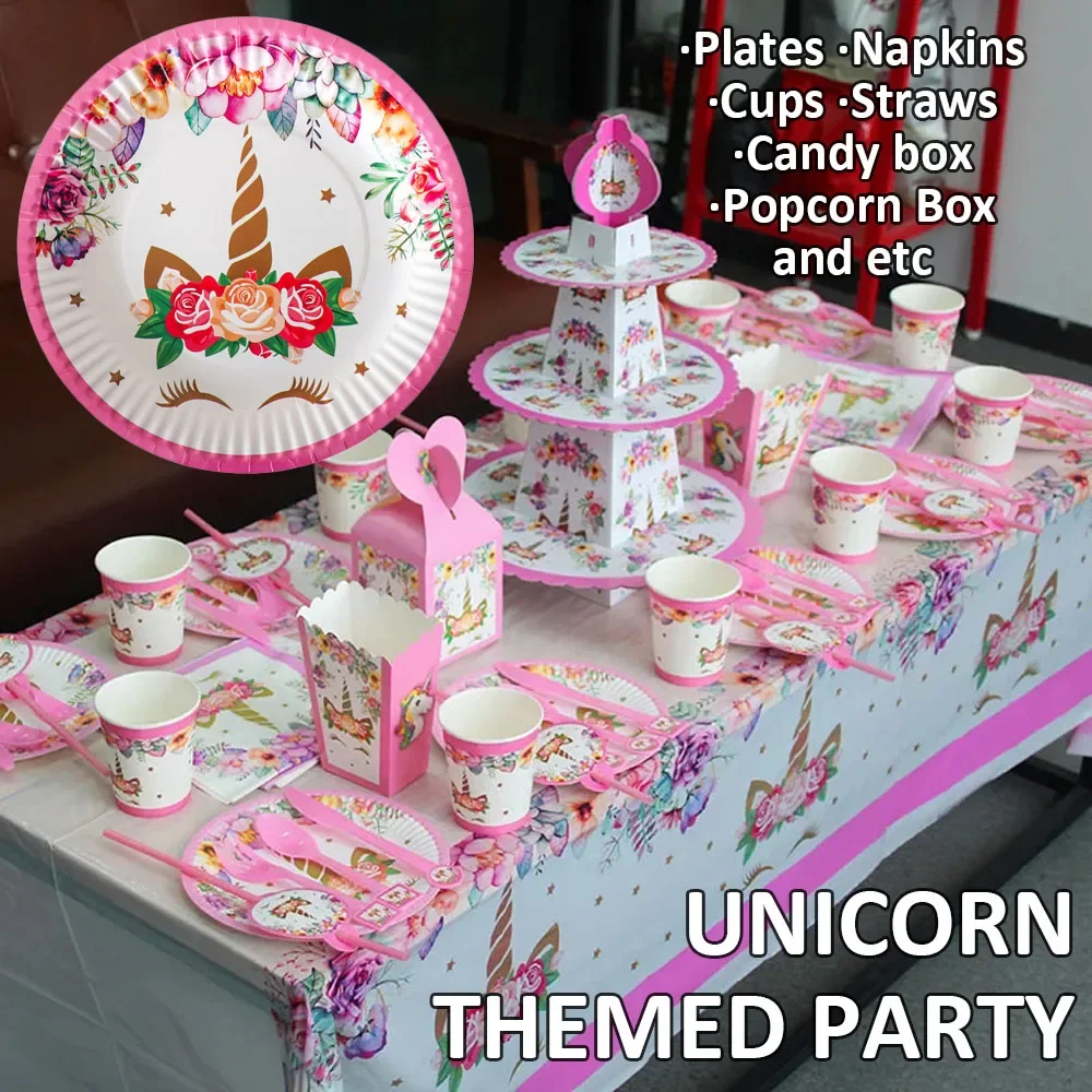 

Unicorn Party Supplies Disposable Tableware Set Birthday Party Decoration Kids Unicornio Decor Plates Napkins Cup Baby Shower