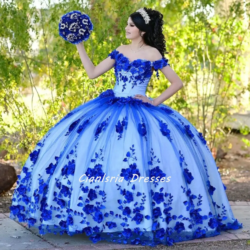 

Royal Blue Off The Shoulder Crystal Quinceanera Dresses Ball Gown Pearls 3D Flowers Lace Corset Vestidos Para XV Años