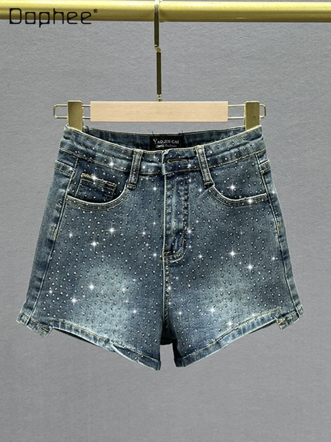 Women's Hot Drilling Denim Shorts 2023 New Summer Retro Blue Stretch High  Waist Slimming Hot Rhinestone Jean Hot Pants Female - AliExpress