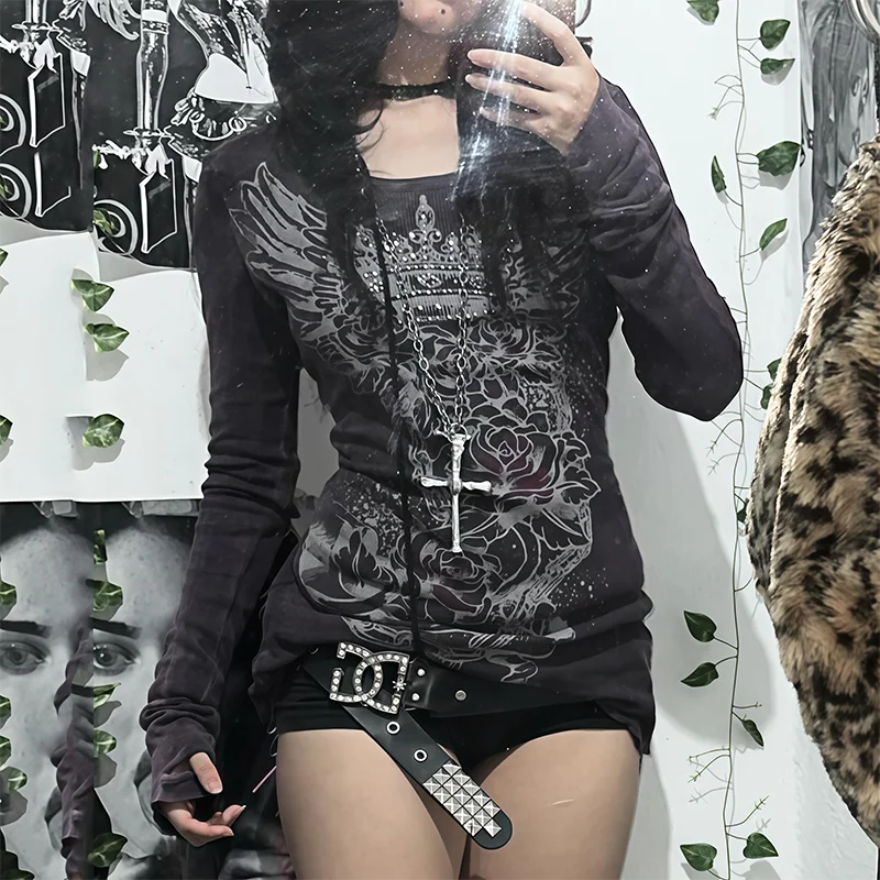Gothic Dark Style Spicy Girl Long Sleeve Printed T-Shirt Autumn Retro Y2K Top for Women 2