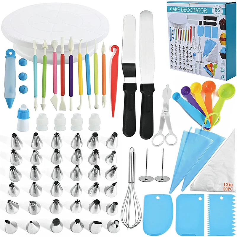 

66 Pcs Cake Decorating Kit with Cake Turntable Cake Leveler Icing Piping Tips Spatula Scraper Kit Piping Bag KC0472