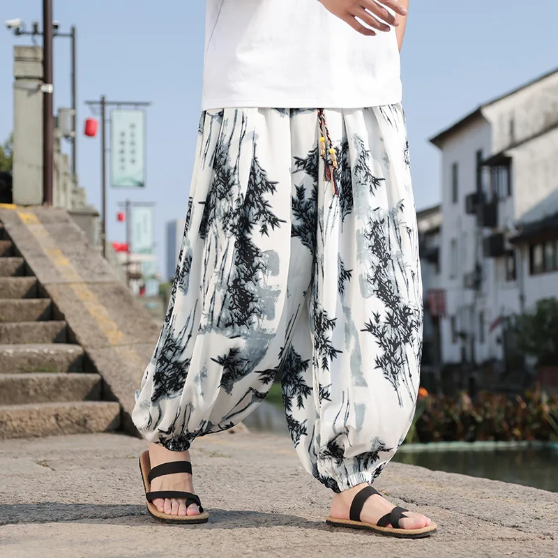 

2024 New Printed Harem Pants Men Drawsring Elastic Waist Casaul Trousers Hip Hop Streetwear Male Jogging Loose Wide Leg Pants