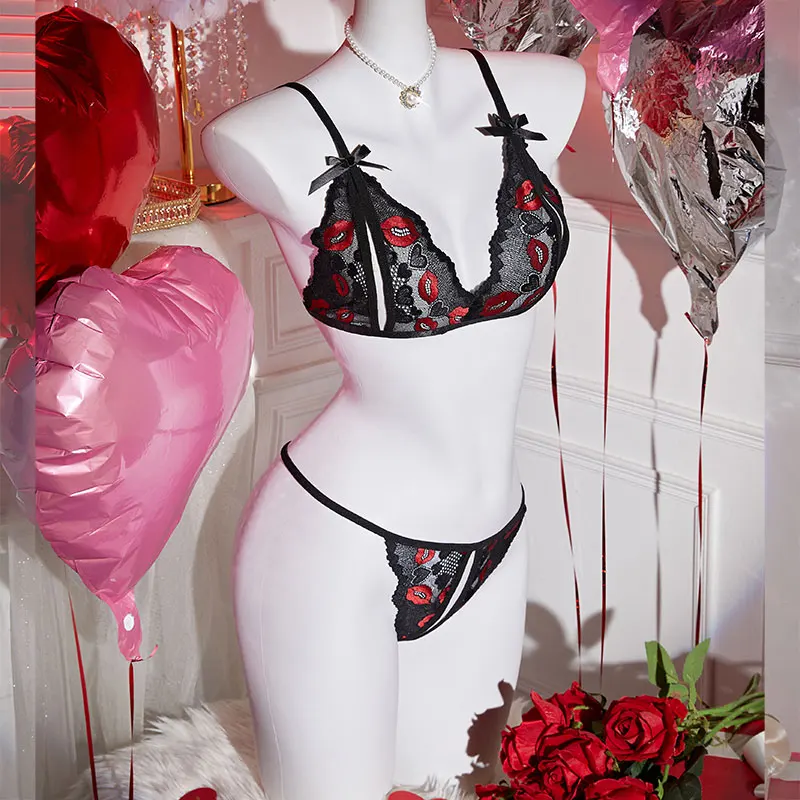 Embroidery Sexy Lace Bow Underwear Thong Women's Hollow Out See Through Bikini Erotic Thin Section Gathered Temptation Bra Set