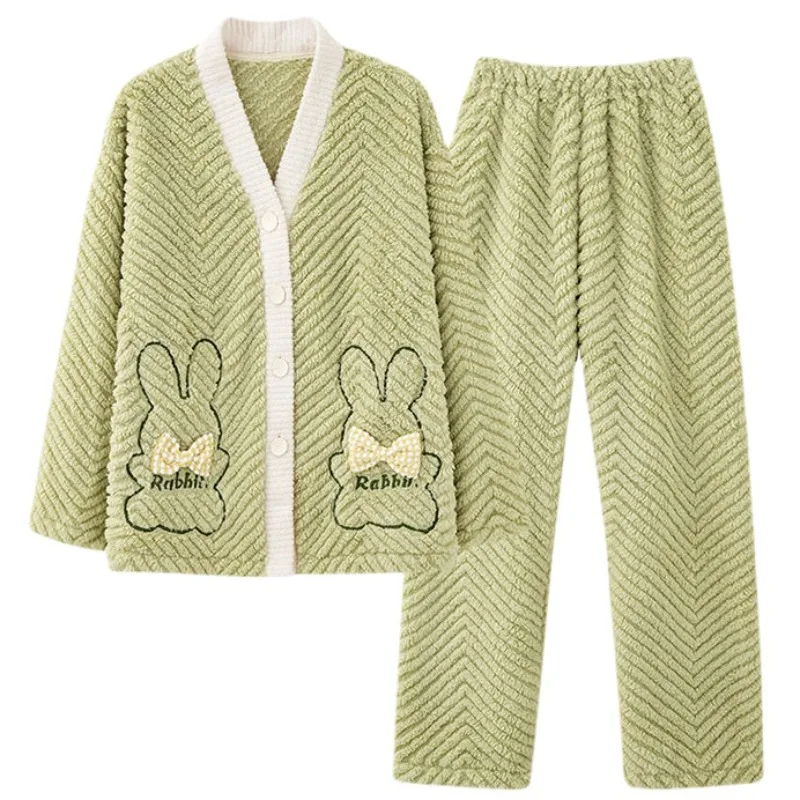 2024 New Sleepwear Women's Winter Coral Plush Loungewear Thickening Plunging Style Sleepwear Flannel Cute V-neck Homewear Set