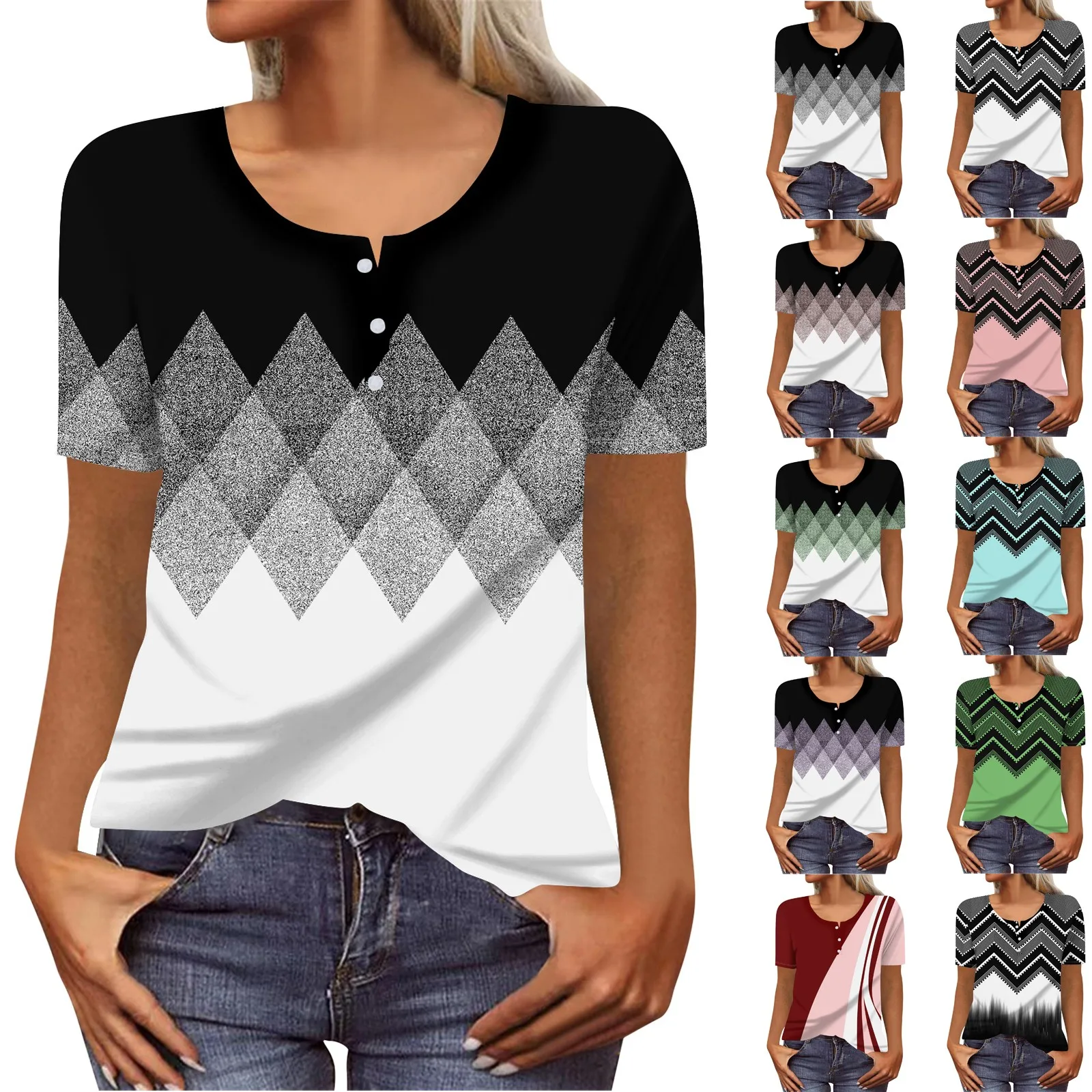 

Женская новая рубашка на пуговицах с V-образным вырезом, модная футболка с принтом и коротким рукавом, повседневные Молодежные универсальные Топы приталенного типа, женская одежда