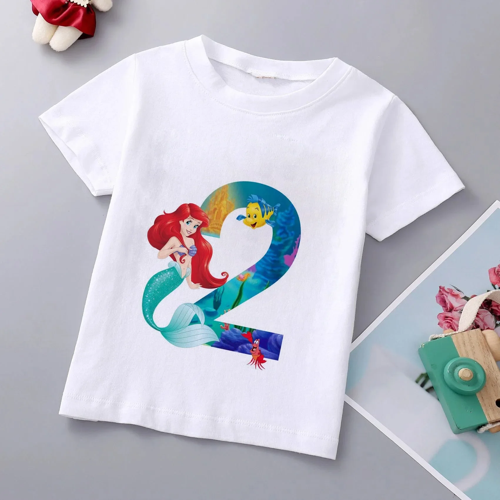 thumbnail image 1 of Camiseta de algodón con estampado de princesa sirena de Disney para niñas, ropa para bebés de princesa Ariel, top de dibujos animados para niños de 1 a 9 años, cumpleaños para niños, 1 of 5
