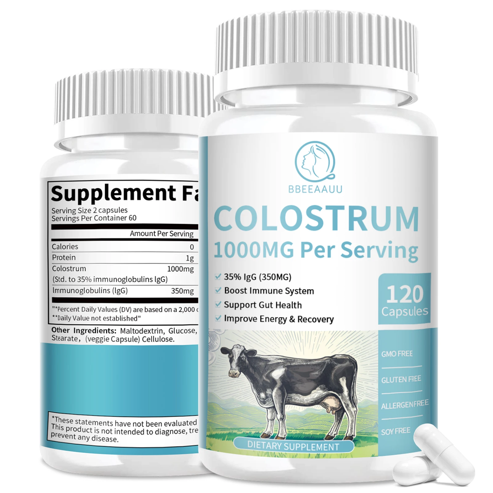 Digestive Capsules BBEEAAUU Immunoglobulins Colostrum Capsules 35% lgG Intestinal Digestion and Immune Health Improve Focus Skin Gut Health Food