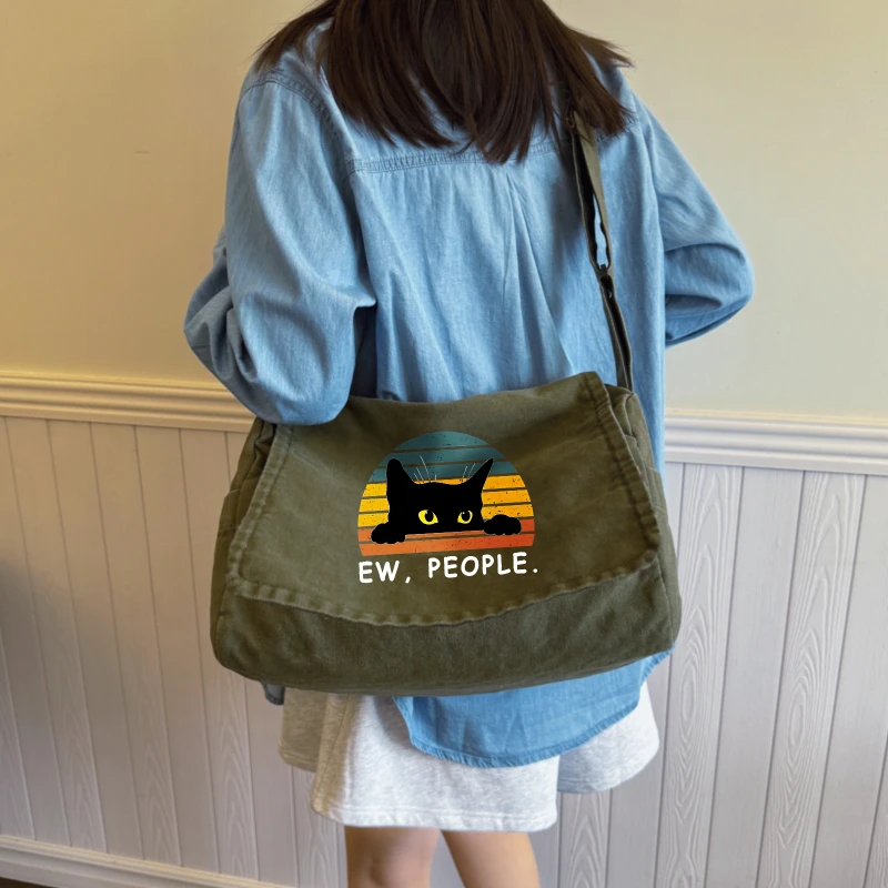 Playful Twist Shoulder Bag Unisex Cat Print Canvas Messenger Bag Retro Women's Crossbody Bag Laptop Bag Commuting