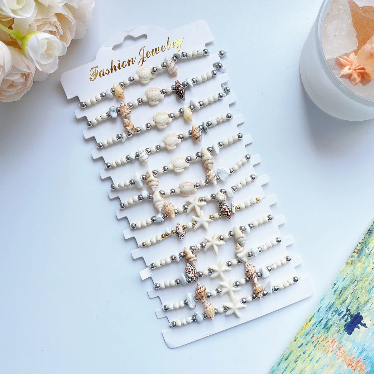 12 Piece Set Of White Turquoise Sea Turtle Starfish Conch Bead Bracelet