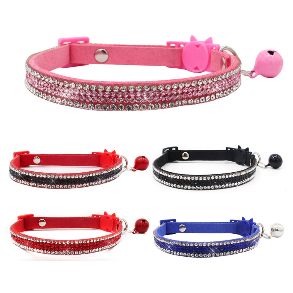 Small Cat Collar Rhinestone Breakaway Shiny Pet Goats Necklace Collier Chain Quick Release Safety Soft Suede Luxury for Kitten 6
