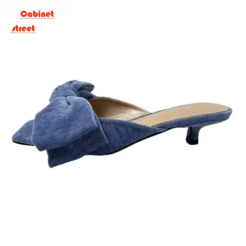 

2024 New Style Butterfly-knot Mules Women Slippers Elegant Pointed Toe Thin High Heels Ladies Summer Fashion Party Prom Shoe