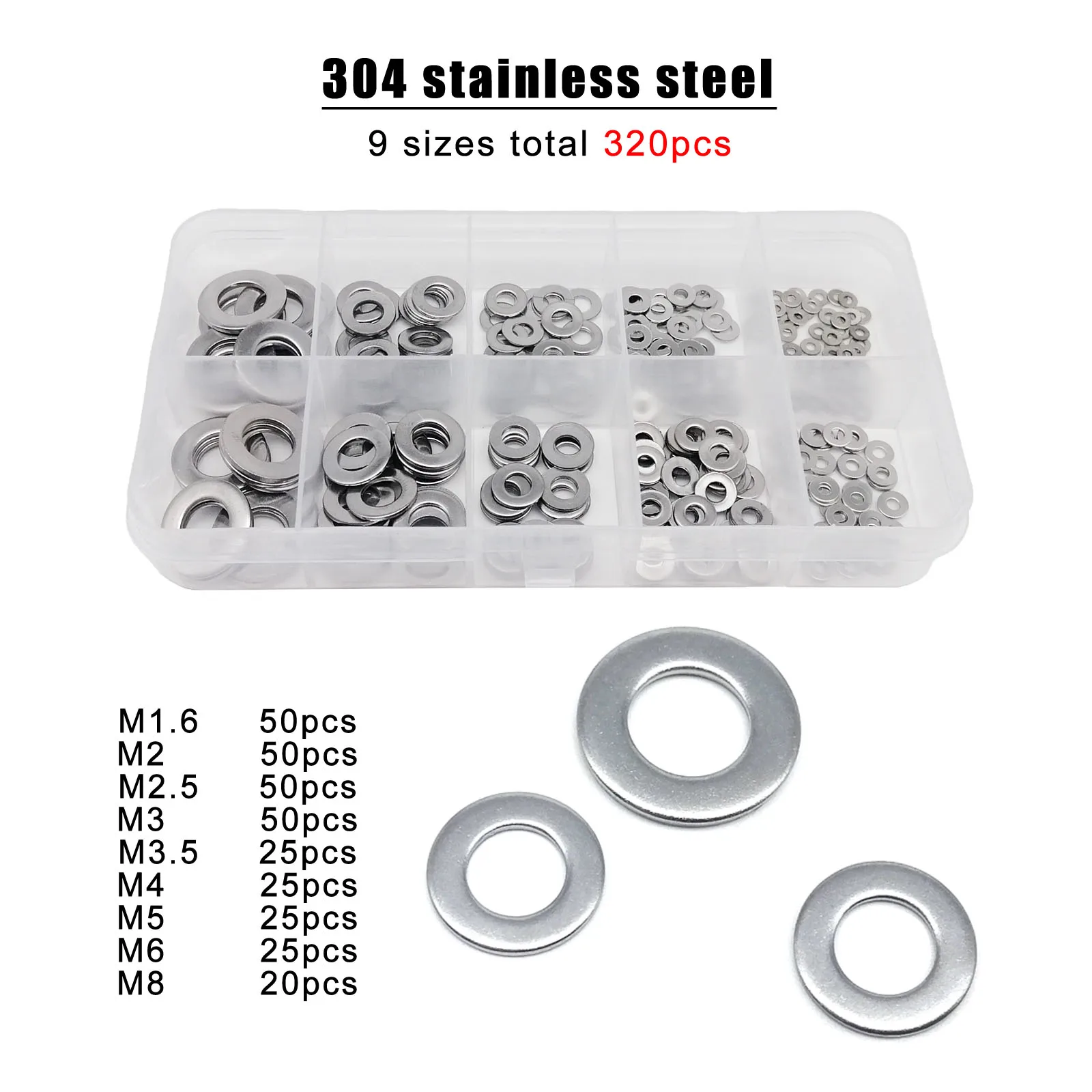 320pcs/box M1.6 M2 M2.5 M3 M3.5 M4 M5 M6 M8 GB97 DIN125 A2 304 Stainless Steel Black Plain Gasket Flat Washer Assortment Kit Set