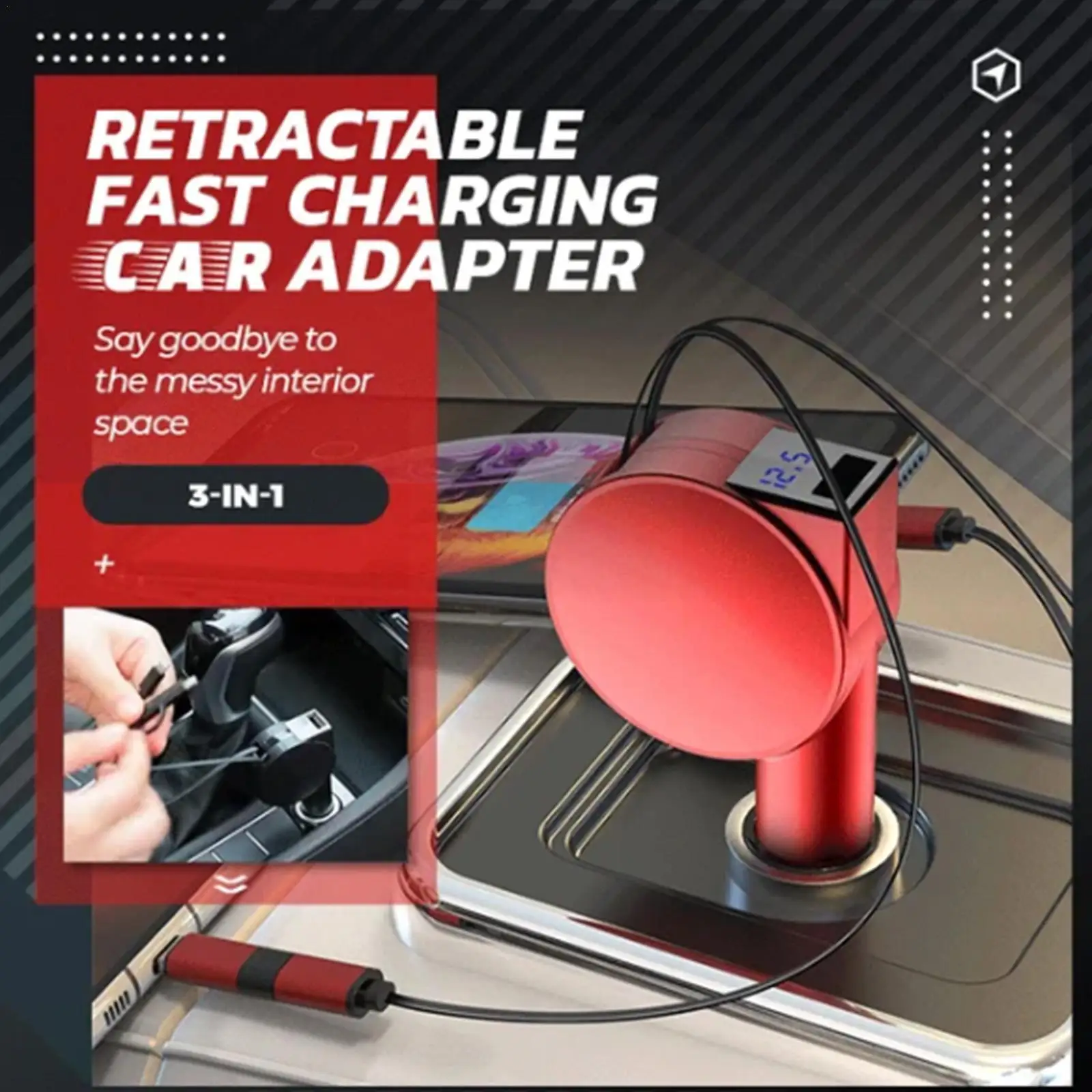 

3-in-1 Retractable Fast Charging Car Adapter Automatic Retractable Cable Intelligent Digital Display For Mobile Phones Tabl H1V4