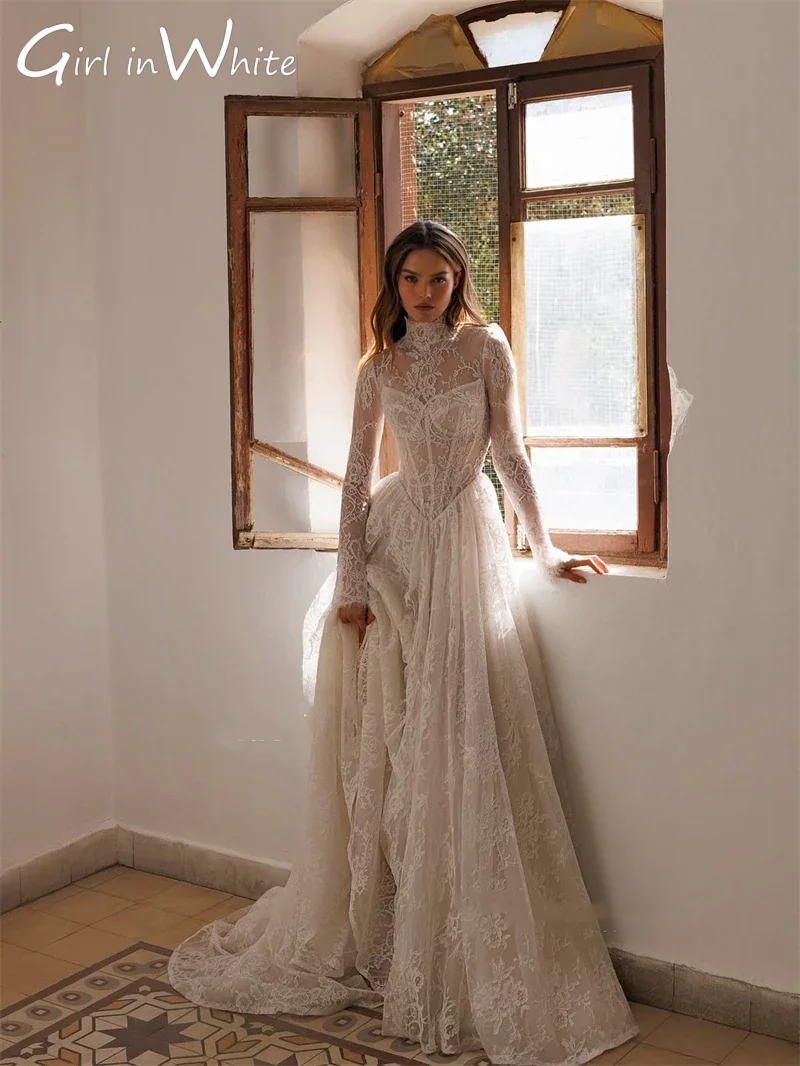 knee length dresses for ladies Ivory Lace Applique Extra Long Sleeve Wedding Dresses Spaghetti Strap –  Viniodress main image 1
