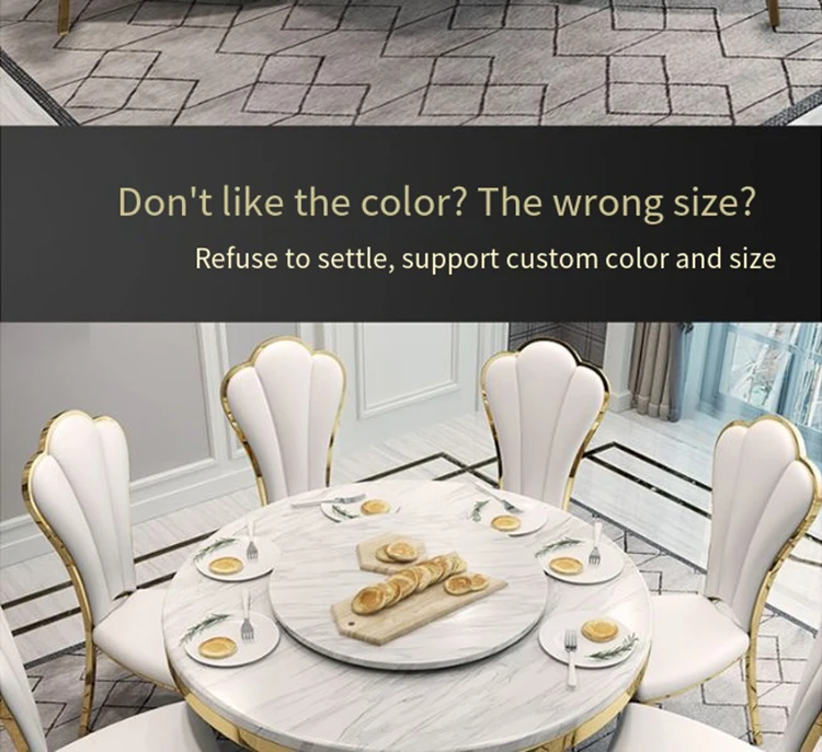 Description Picture 3 of itemNew Top Round Dining Table Set 6 Chairs Table Luxury Turntable Center Large Restaurant Modern Simple Stainless Steel Furniture