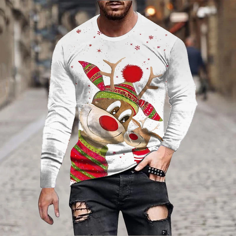 Mens Christmas Long Sleeve Reindeer 3D Print T Shirt