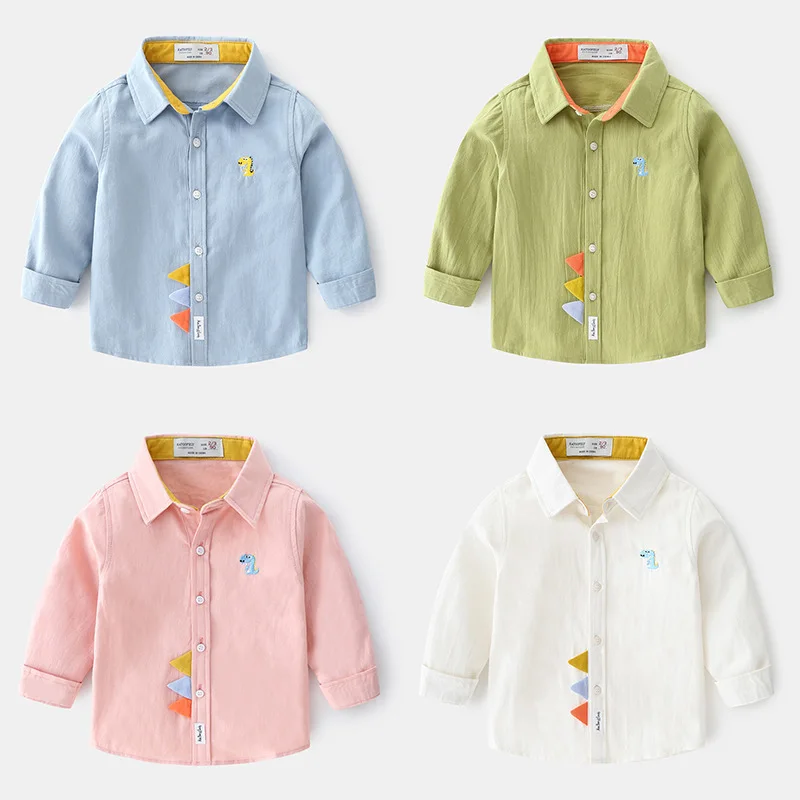 

2023 Spring Autumn Boys Long Sleeve Blouses & Shirts Kids Korean Version Cotton Cartoon Dinosaurs Printing Lapel Tops 2-7Years
