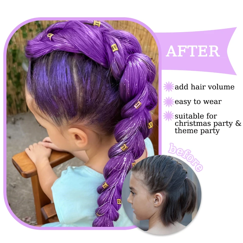 Purple Braided Hair Ponytail Extensions for Kids Shiny Purple Braids with Tinsel Hair for Kids Party Cosplay Use Purple Wig Hair