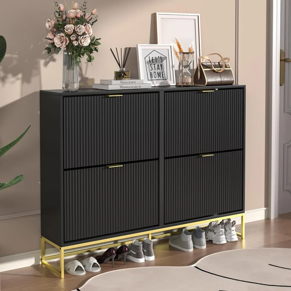 Shoe Cabinet Storage for Entryway, Modern Slim Shoe Organizer, Tipping Shoe Cabinet with 2 Flip Drawers Fluted Panel, 4