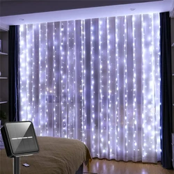Outdoor Waterproof Solar LED Curtain String Lights - 300 LEDs for Yard and Christmas Decor (WHITE)