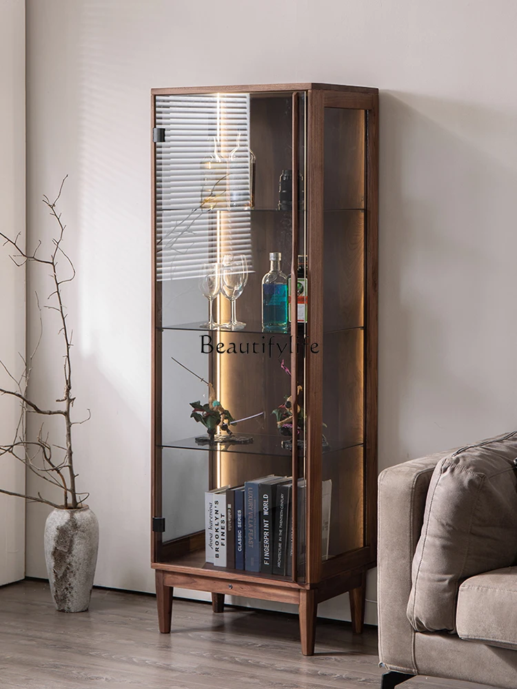 

Black Walnut Display Cabinet Made of Glass Light Luxury Solid Wood Dust Belt Cabinet Door Storage Locker