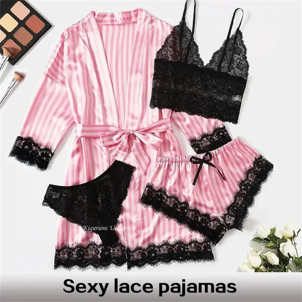Women Pajamas Set Summer Fashion Comfortable Nightwear Lace Satin Silk Sleepwear Robe Sexy Pajama Pants Home Clothes