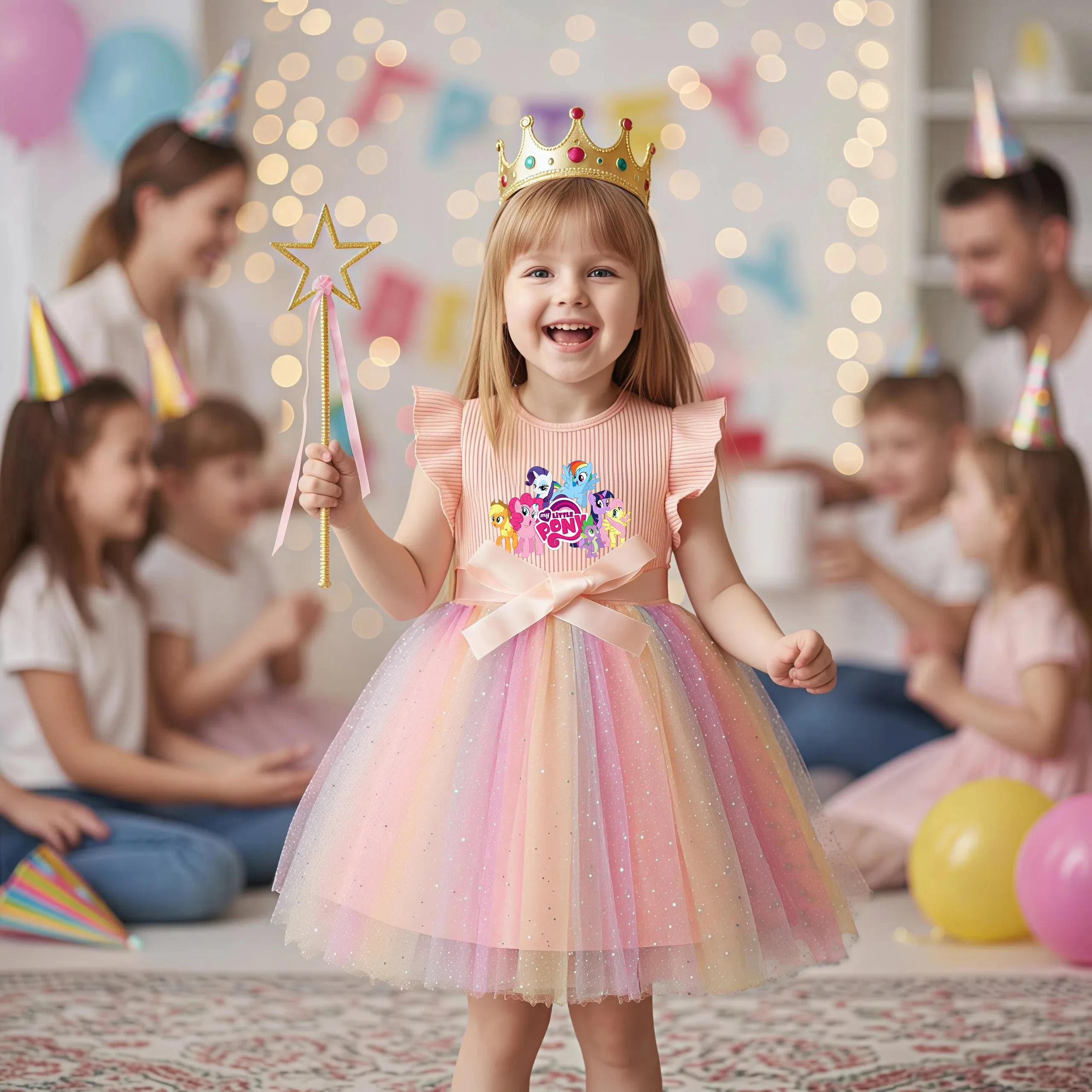 My Little Pony Girls Dress for Sequins Toddler Girls Rainbow Tulle Sweet Kids Princess Dress for Girls Birthday Party Gift 1-5Y