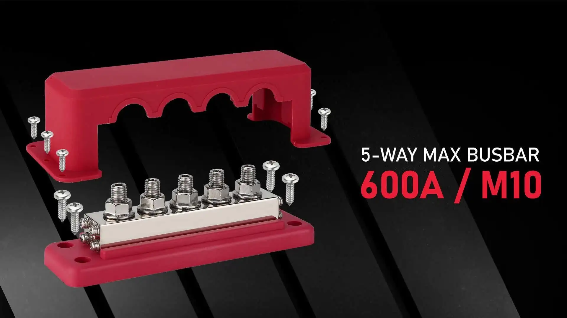 Barra Bus Da 600A 12V-48V In Rame – Modulo Di Distribuzione Con 4 Borchie M10 E Coperchio Rosso