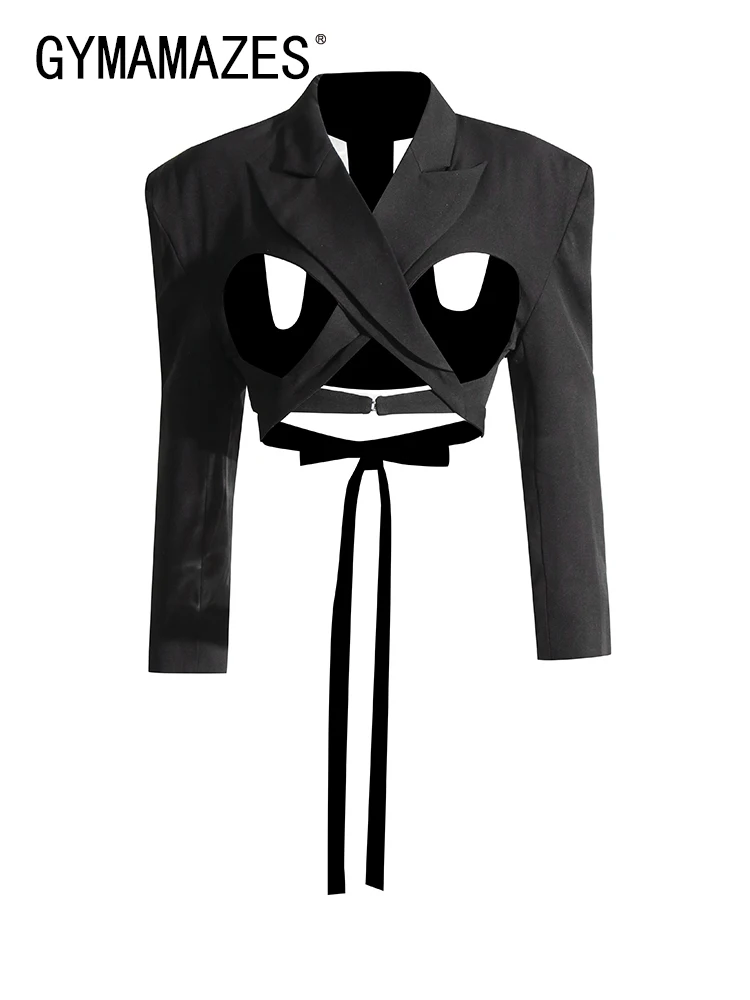 

GYMAMAZES Minimalist Blazers For Women Notched Collar Long Sleeve Hollow Out Backless Y2K Sexy Blazer Female Fashion Clothes