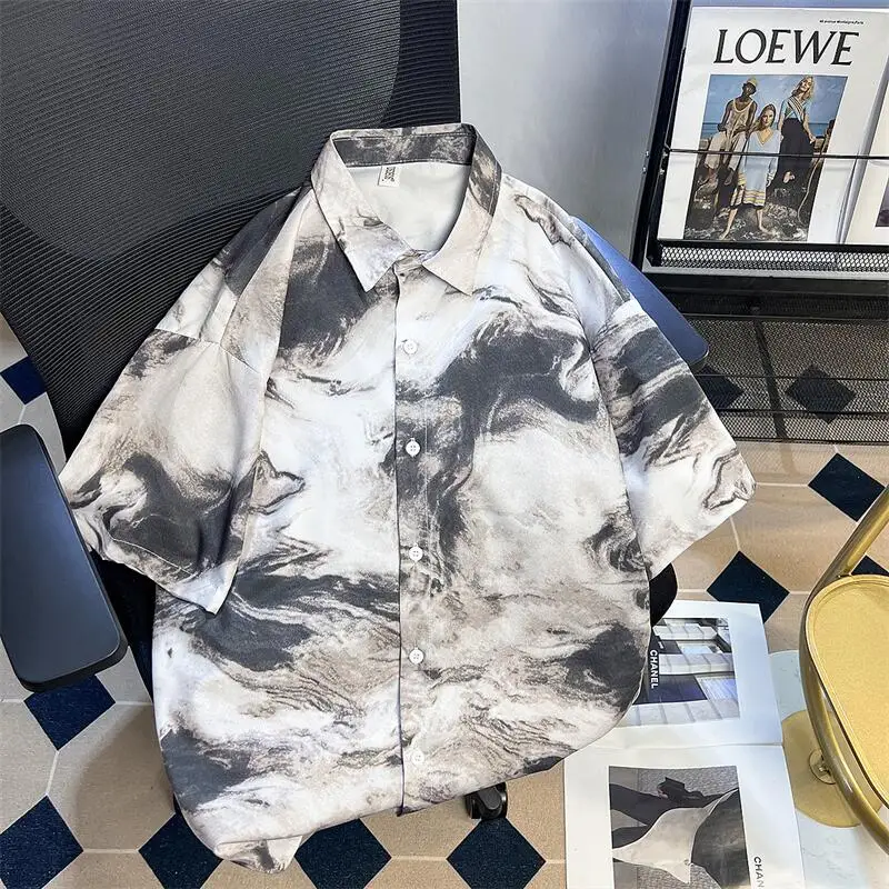 

2024 Summer Men Fashion Tie-Dyed Buttons Shirt Men's Short Sleeve Lapel Print Shirts Male Oversize Loose Thin Blouses D434