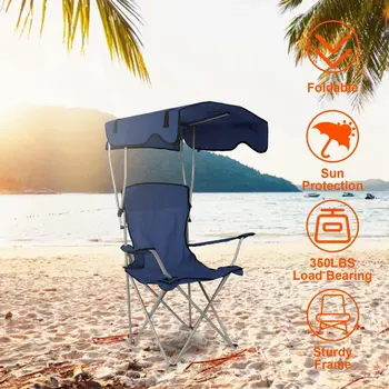 Camping Chair with Canopy, Outdoor Folding Lounge Chair with Adjustable UPF 50+ Sun Shade & Cup Holder, Portable Camping Recline 3