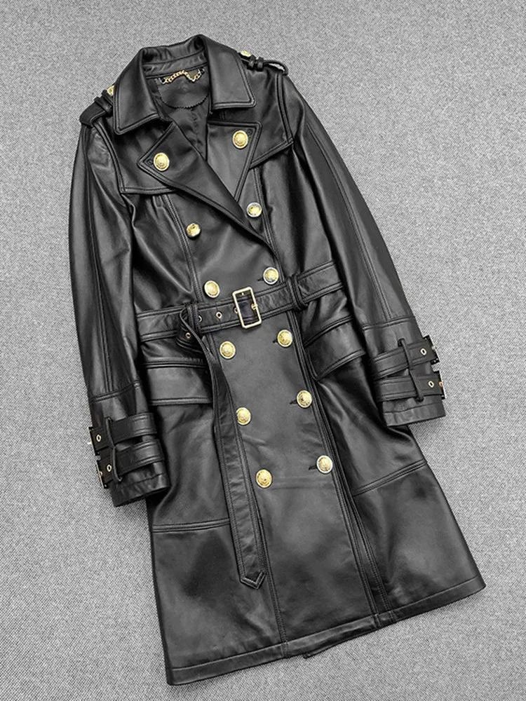 Spring Women Double Breasted Belted Long Sheepskin Trench Coat Fashion Genuine Leather Jacket Military Style Moto Windbreaker