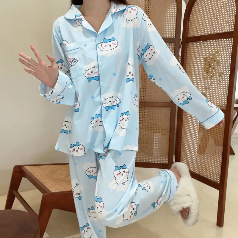 2Pcs Anime Chiikawa 순수 코튼 잠옷 세트 Usagi Homewear 라운드 넥 탑 바지 세트 Hachiware 귀여운 가정 의류 세트 선물