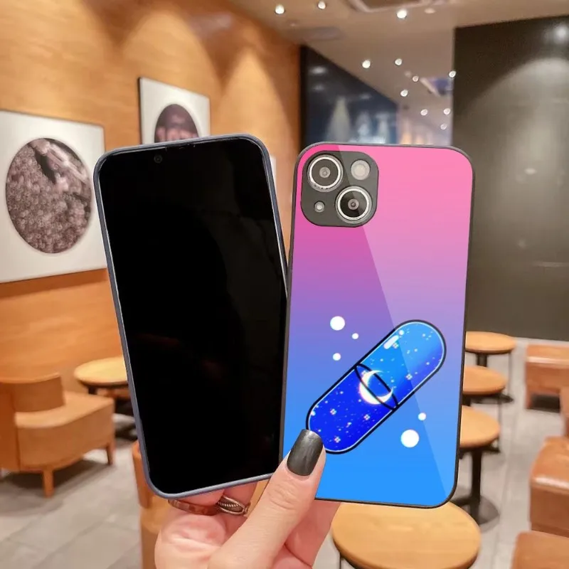 

World In Pill Phone Case For IPhone 14 13 12 11 Pro Max X XR XS 8 7 Plus Liquid Glass Color Phone Cover