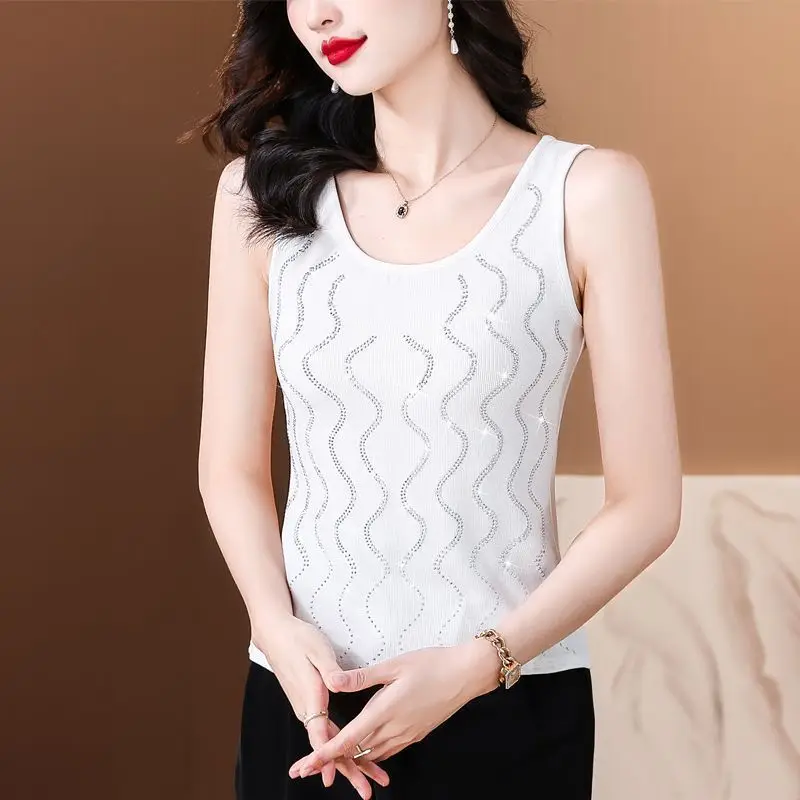 

summer new Round neck fashion sleeveless Tanks women High street Casual Loose Solid color Pullovers Rhinestone All-match tops