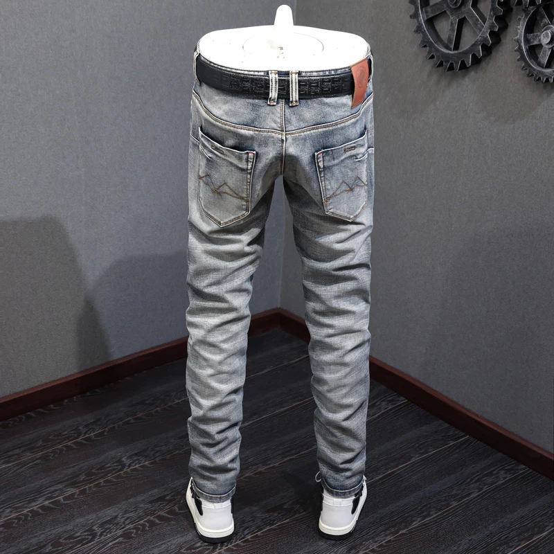 Fashion Vintage Men Jeans High Quality Retro Gray Blue Elastic Slim Fit Ripped Jeans Men Embroidery Designer Hip Hop Pants Homme