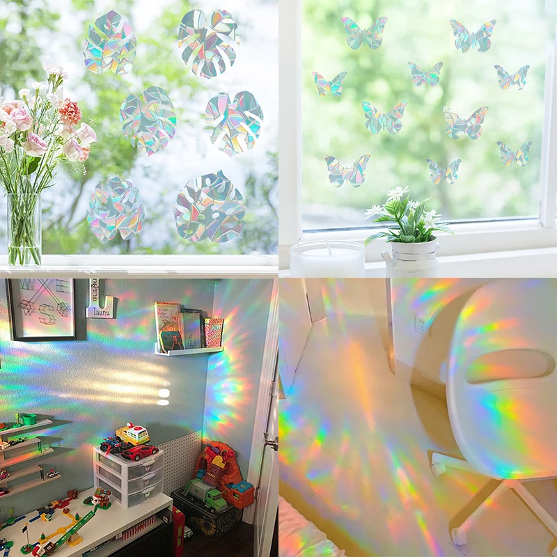 

1set Rainbow Window Film Electrostatic Glass Sticker Home Color Window Decal Decoration Butterfly Cat Shape Rainbow Film Sticker
