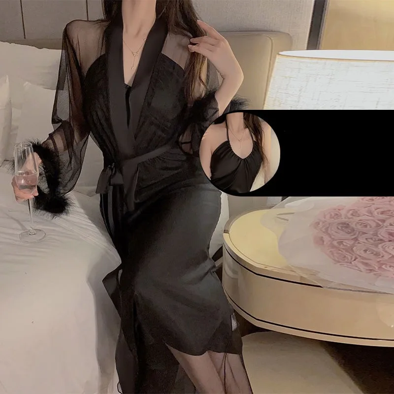 Spring Large Size with Chest Pad Long Pajamas New Sexy Pyjamas Mesh Transparent Nighty Hanging Neck Drawstring Tie Nightdress