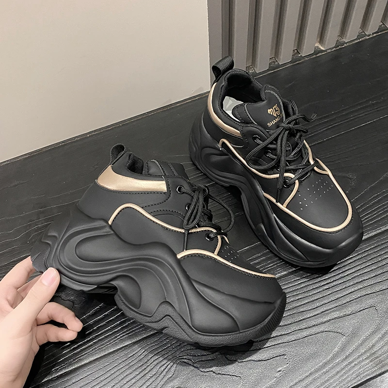 8CM Heels Autumn Chunky Sneakers for Women 2023 Platform Sports Breathable Leather Shoes Woman Lace-up Thick Bottom Dad Shoes