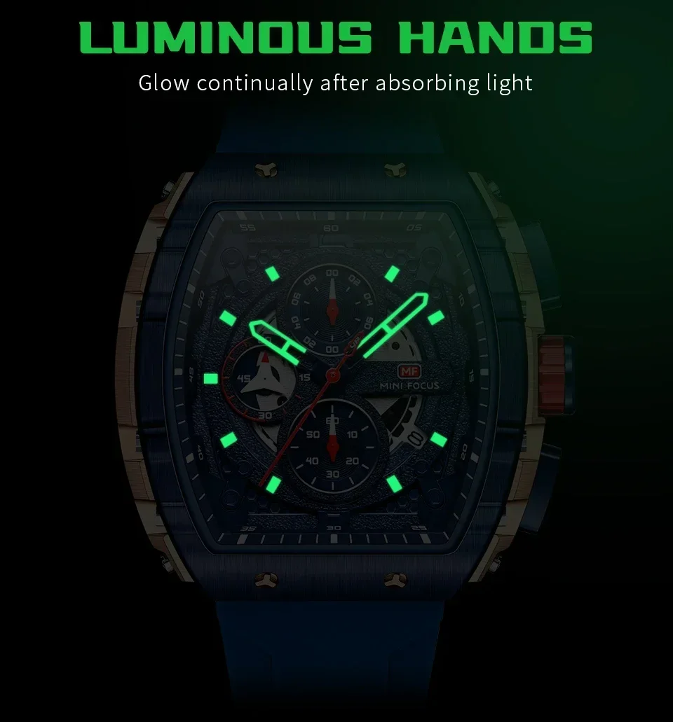 MINI FOCUS Student Tonneau Dial Military Silicone Strap Youth Sport Clock Quartz Watches for Men's Chronograph Wristwatch 0399G 4