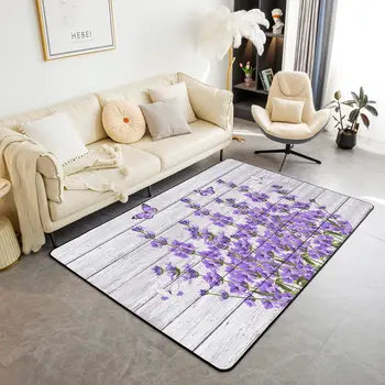 Purple Flowers Rug Watercolor Lavender Carpet Romantic Floral Doormat for Girls Teen,Wild Country Style Garden Flower Floor Mat