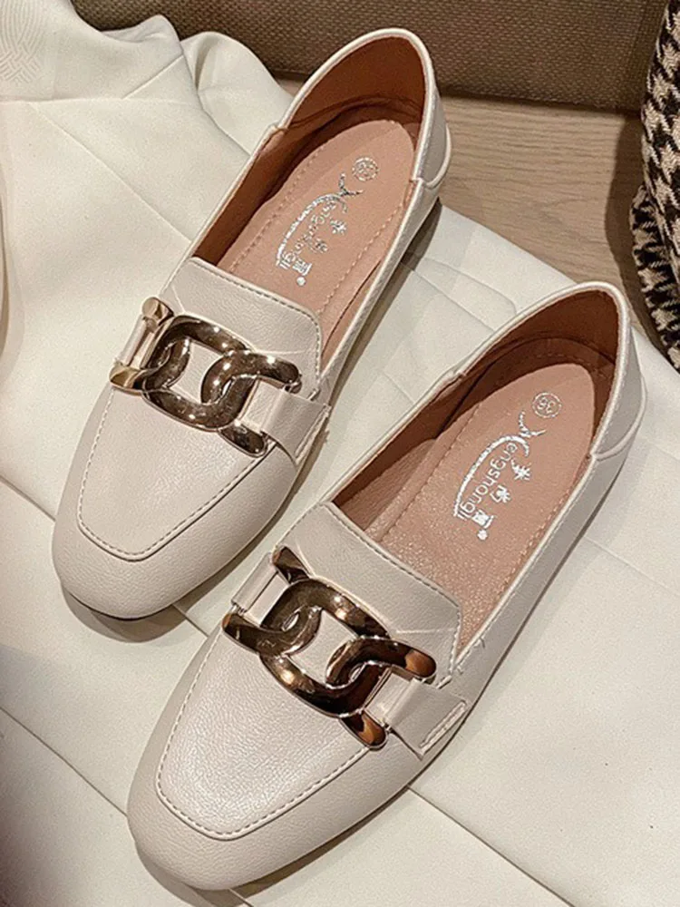 2024 Fetish Women Retro Designer Soft Leather Soft Summer Flats Simple Female Loafers Square Toe Lady Metal Outside Black Shoes 3
