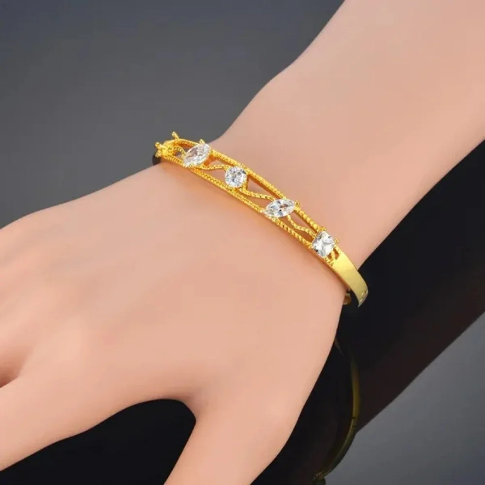 Women's Wedding Bridal Cubic Zircon Cuff Bangle Bracelet Indian Africa Lady Jewelry Ethiopian Gold Color Bride Jewelry Gift 5