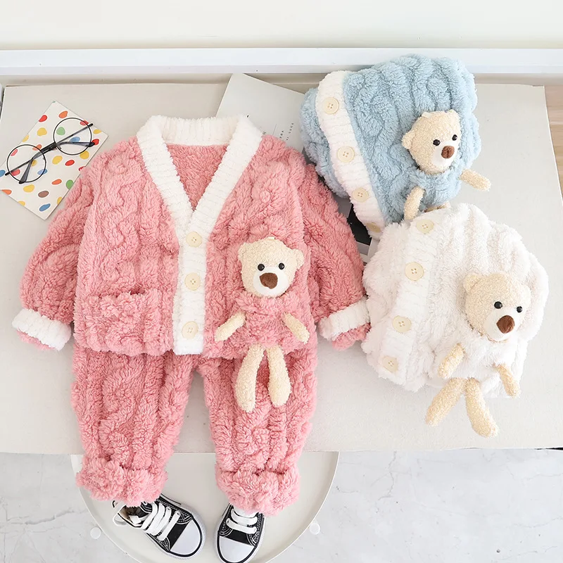

Boys' Autumn and Winter Fleece-lined Thickened Pajamas Two-Piece Suit Baby Girl 1-3 Years Old 4 Cartoon Homewear